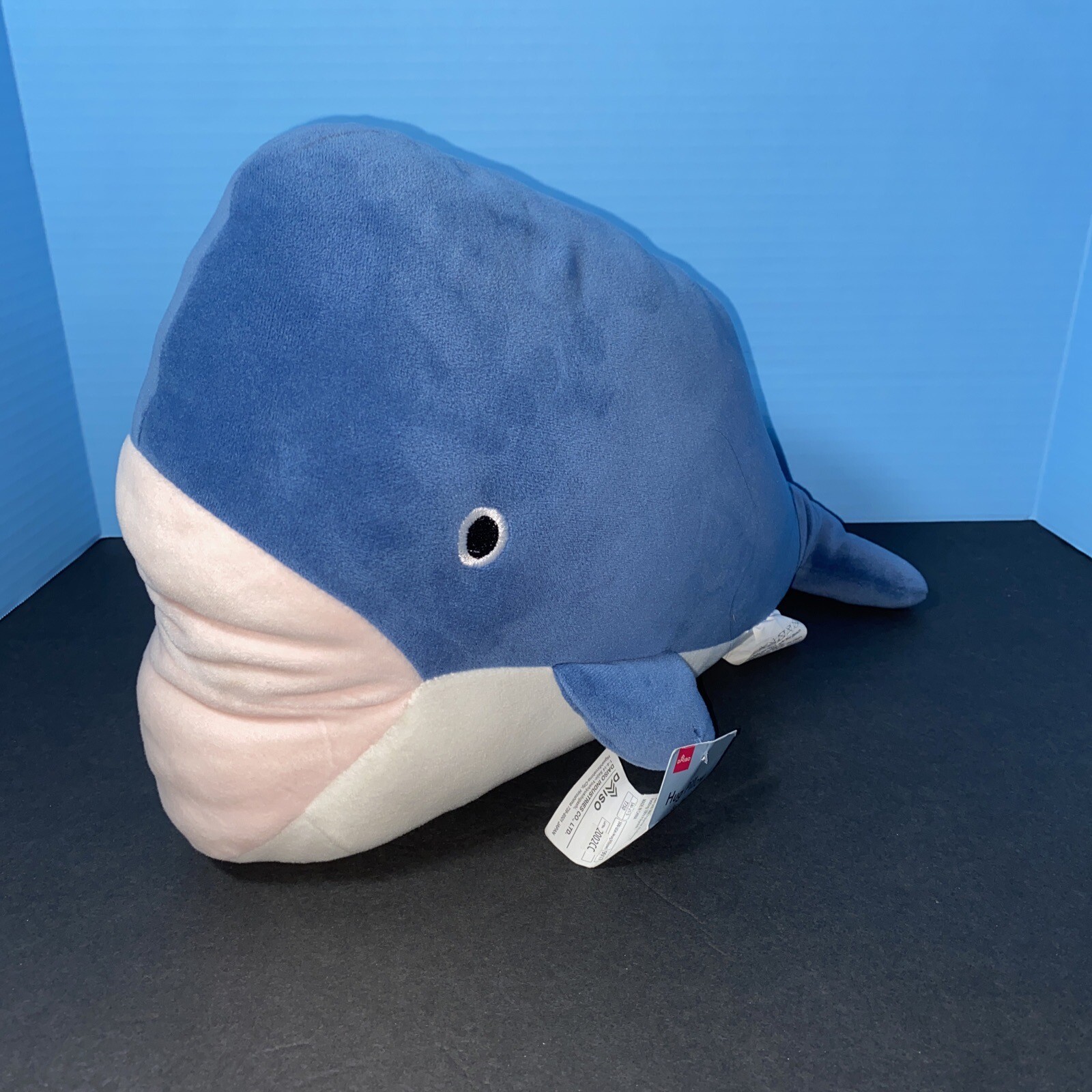 DAISO Plush Whale Blue Stuffed Animal Hug Pillow Soft Toy Lovey Sewn