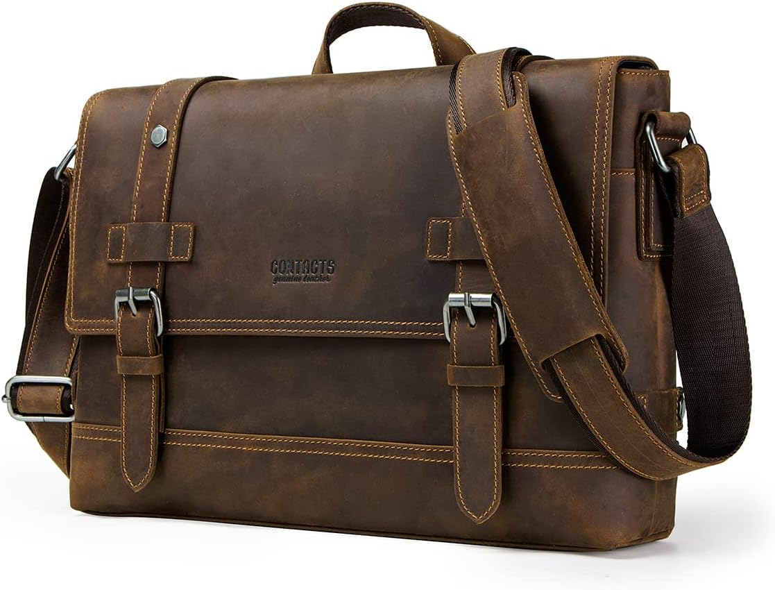 Crazy Horse Leather Messenger Bag for Men Fits 12 Inch Laptop