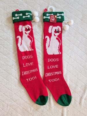 Set of 2 Dog Stocking Dogs Love Christmas Too Pom Pom Vintage 90s Holiday Decor