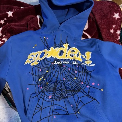 sp5der Blue Graphic Print Fleece Hoodie Men's Size S Pullover Long Sleeve