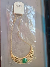 My Style Brand Goldtone Crescent Moon Shaped Pendant Necklace With Green Stone