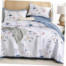 Floral Quilt Set Queen Size, 3 Pieces Navy Blue Queen 96"x90" Blue White