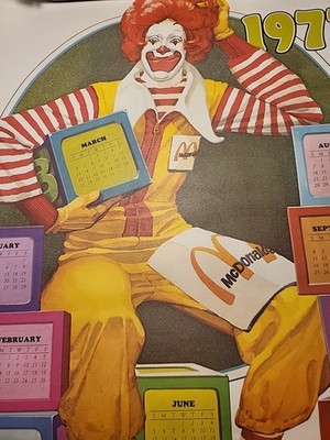 Vintage 1977 Ronald McDonald Calendar Wall Poster McDonald's