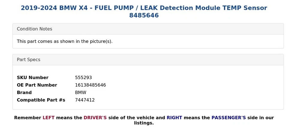 BMW X4 2019-2024 - BOMBA DE COMBUSTIBLE/módulo de detección de fugas sensor Temp 8485646 Foto 4 de 4