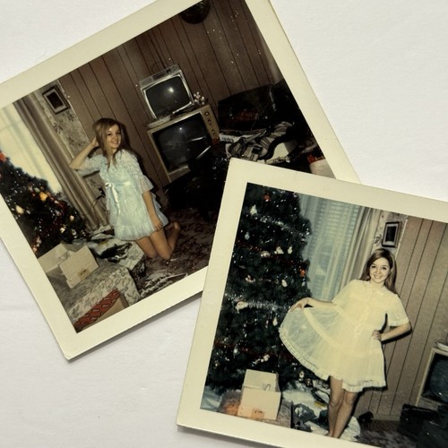 OLD PHOTOS Pretty Blond Girl Dress 1960s Color Snapshot Polaroid Christmas