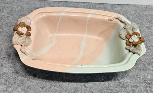 Palms Up Richard Collison Pottery 10x7" vtg Casserole Dish Coral /Aqua Floral