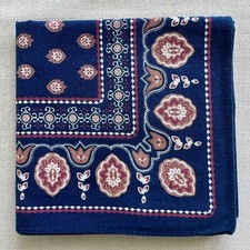 MENS Bandana Vintage Red Geometric Floral Handkerchief Kerchief Blue Cotton 20"