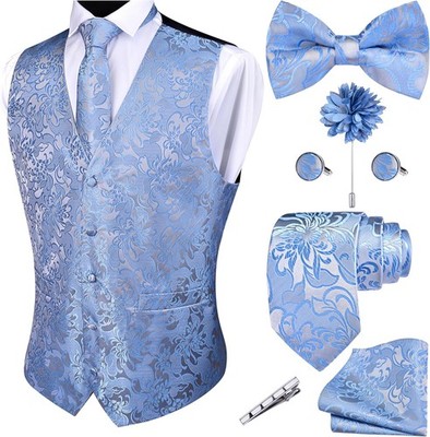 Formal Men's 7PCS Wedding Vest Tie Bow Tie Cufflinks Hanky Lapel Pin Set