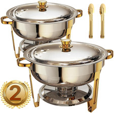 2 Pack 5.3QT Round Chafing Dish Buffet Set with Lid  Food Clips for Party Gold