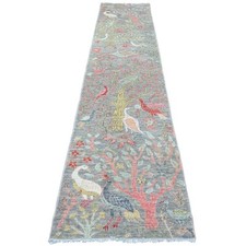 2'7"x11'8" Gray Afghan Peshawar Birds Design Wool Hand Knotted Runner Rug R89839
