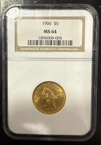 1906 Liberty Head $5 Dollars Coin Gold Half Eagles US. NGC MS64. AGW 0.2419oz