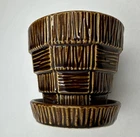 Vintage McCoy Pottery Brown 3.25" Basket Weave Flower Pot MCM USA Planter Saucer