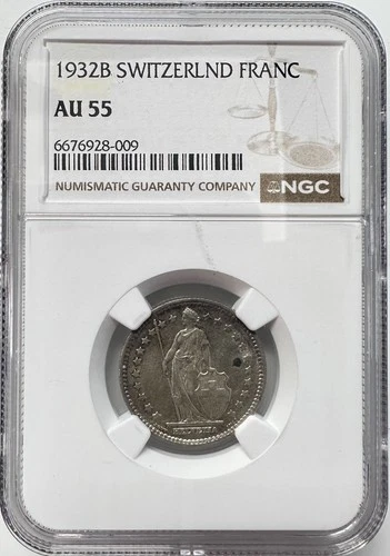 1932B Switzerland 1 Franc AU 55 0.835 Silver Coin- NGC KM# 24