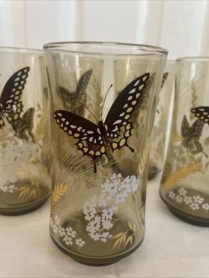 Vintage Libbey Amber Glass Tumblers M. Petti w/ Butterfly Wheat Queen Annes Lace