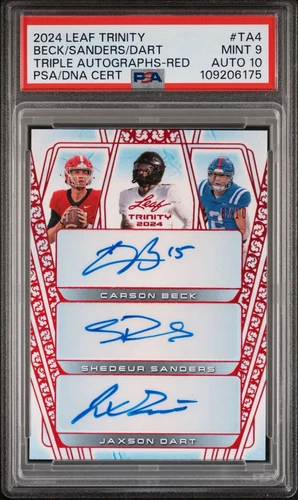 2024 Leaf Carson Beck Shedeur Sanders Jaxson Dart Triple RC Auto 6/10 PSA 9
