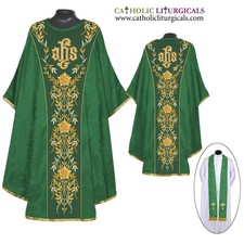 NEW Green Gothic Chasuble and Stole set with IHS Embroidery, Casula, Casel