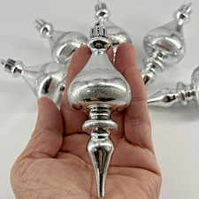 6 Vintage Silver Finial Shatterproof Glitter Christmas Ornaments Retro Rare
