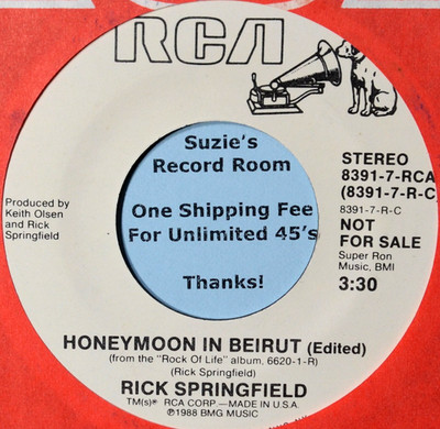 Rick Springfield Honeymoon in Beirut 80s Rock NM DJ Promo 45 7'' Vinyl -Coupons!