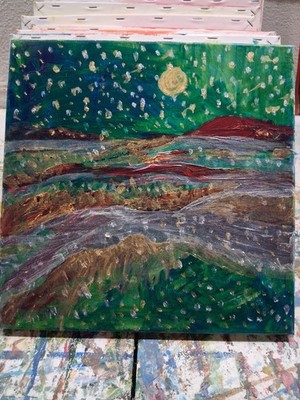 Original Art Acrylic On Canvas 12'' X 12'' Starry Night With Fireflies Abstract 