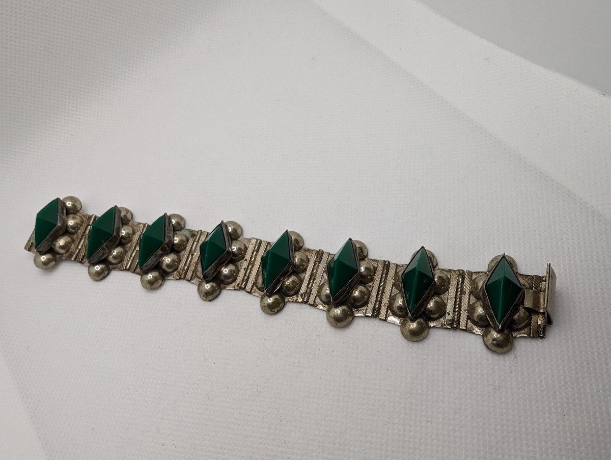 Vintage Mexico Sterling Silver 925 Green Onyx Hinged Links