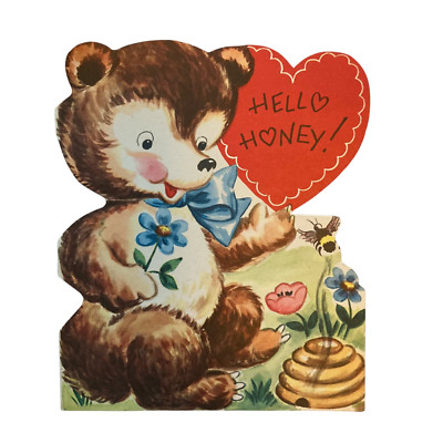 Vintage MCM Valentine Card  Bear with Bee Hive   C451