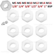 WHITE PLASTIC HEX FULL NUTS NYLON HEXAGON NUTS M5 M6 M8 M10~M16 1/8" ~3/4"BSP