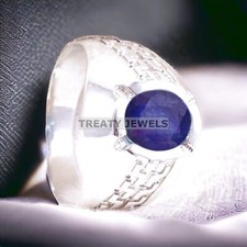Blue Sapphire Oval Cut Gemstone With 14K Solid White Gold Ring For Men's A222