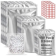 100pcs 5 mil Mylar Bags for Food Storage with Oxygen Absorbers 300cc and Labels
