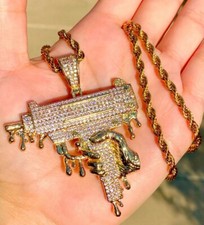 Mens Icy 14k Gold Finish Iced Dripping UZI Gun Magazine ICY Pendant Rope Chain