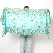 Hand Painted Silk Scarf Daffodil Print  Pastel Blue Long Scarf Mother Gift 67X24