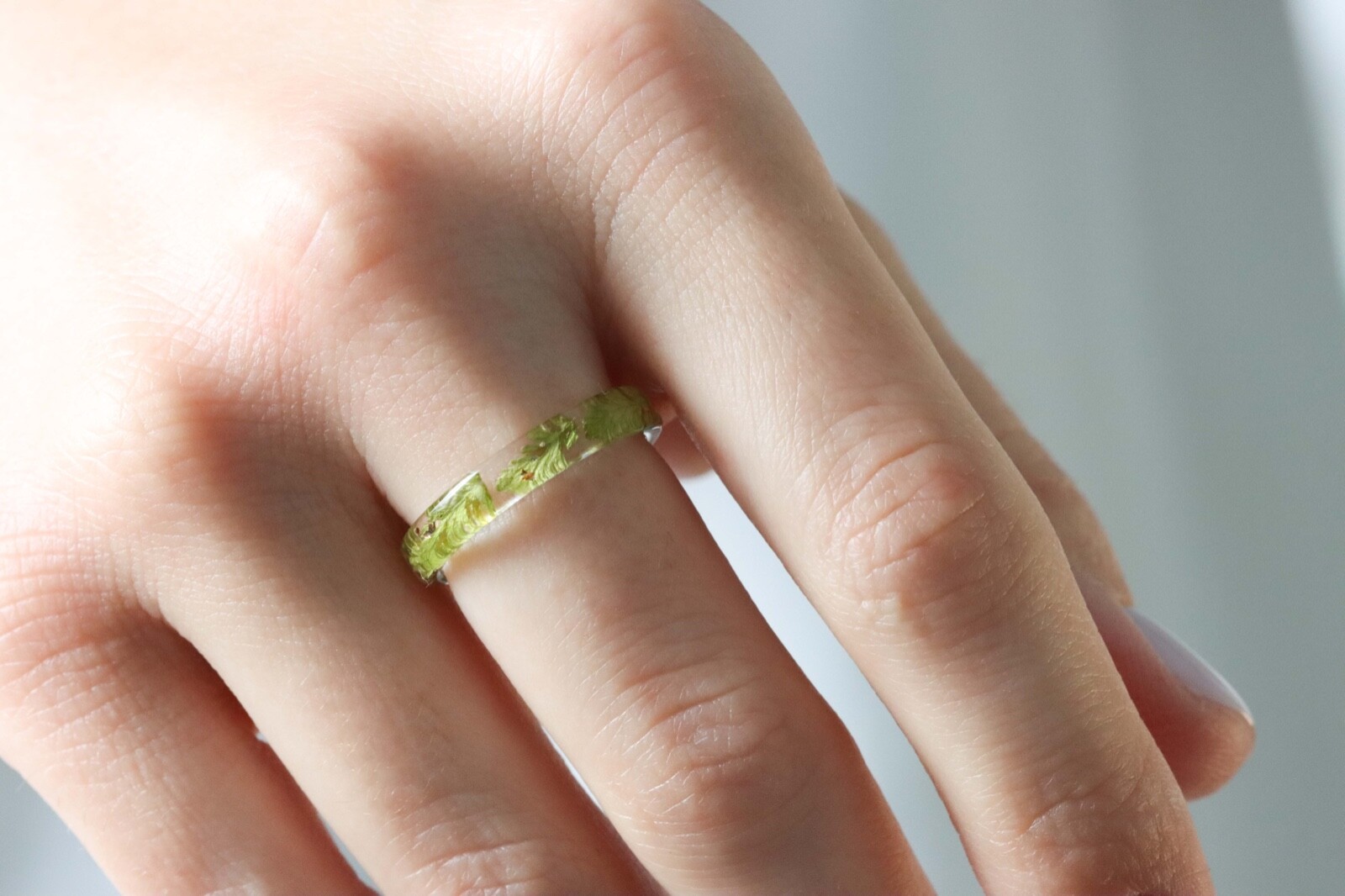 Thin Resin Ring with Pressed Forest Fern Leaves and Gold Flakes, Nature Inspired