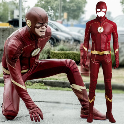 The Flash Barry Allen Cosplay Costume Superhero Battle Suit With Boots Halloween