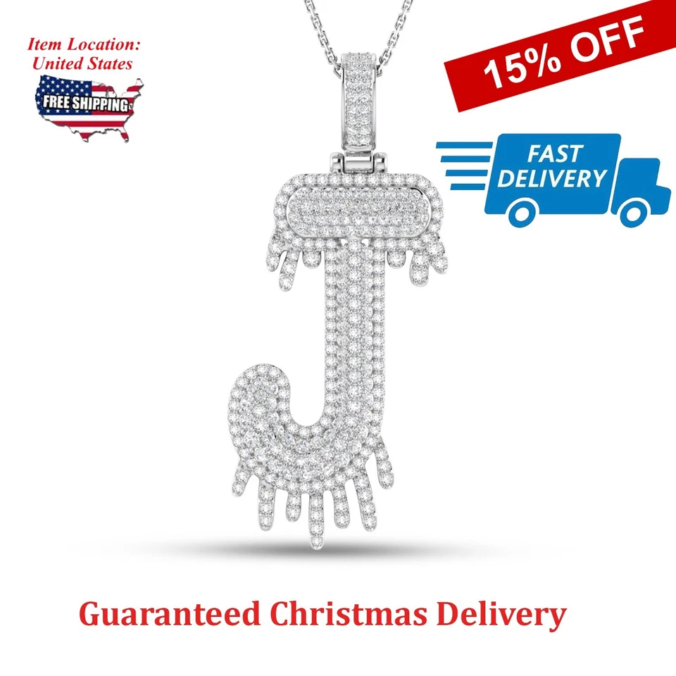 Colgante de plata 925 hip hop goteo inicial alfabeto J sin cadena 2 quilates redondo circonita cúbica Foto 2 de 4