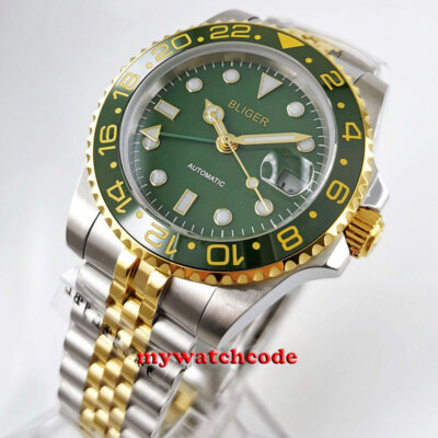 40mm Bliger green sterile dial sapphire crystal automatic mens watch GMT date