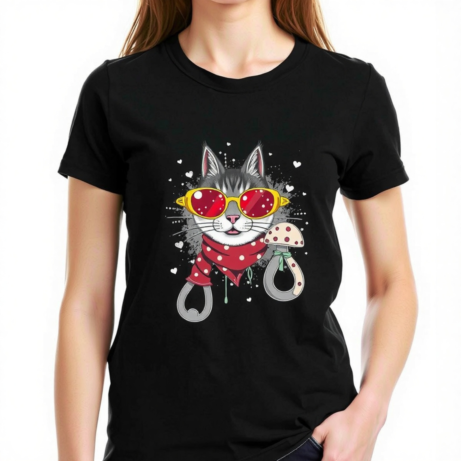 Cool Cat Graphic T-Shirt - Gray & White Cat in Sunglasses with Necker