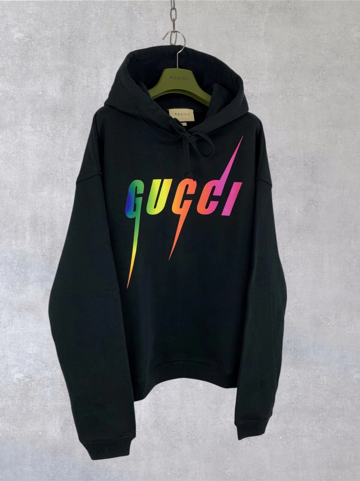 Felpa con cappuccio Gucci GG Blade arcobaleno stampa logo feltro cotone nera taglia M