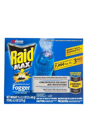 Raid Max Fogger Deep Reach kills roaches, ants, etc. 6.3 oz total - 3 Pack New