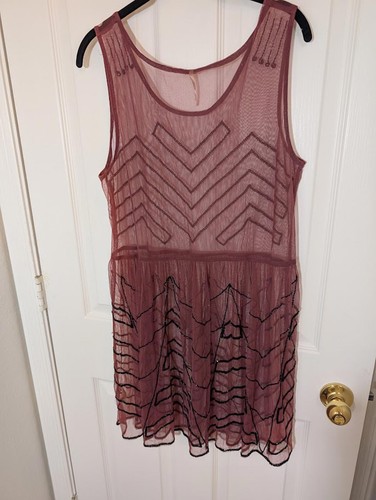 Free People Beaded Sheer Mesh Mini Slip Dress Maroon Embellished Party Dress L - Picture 7 of 14