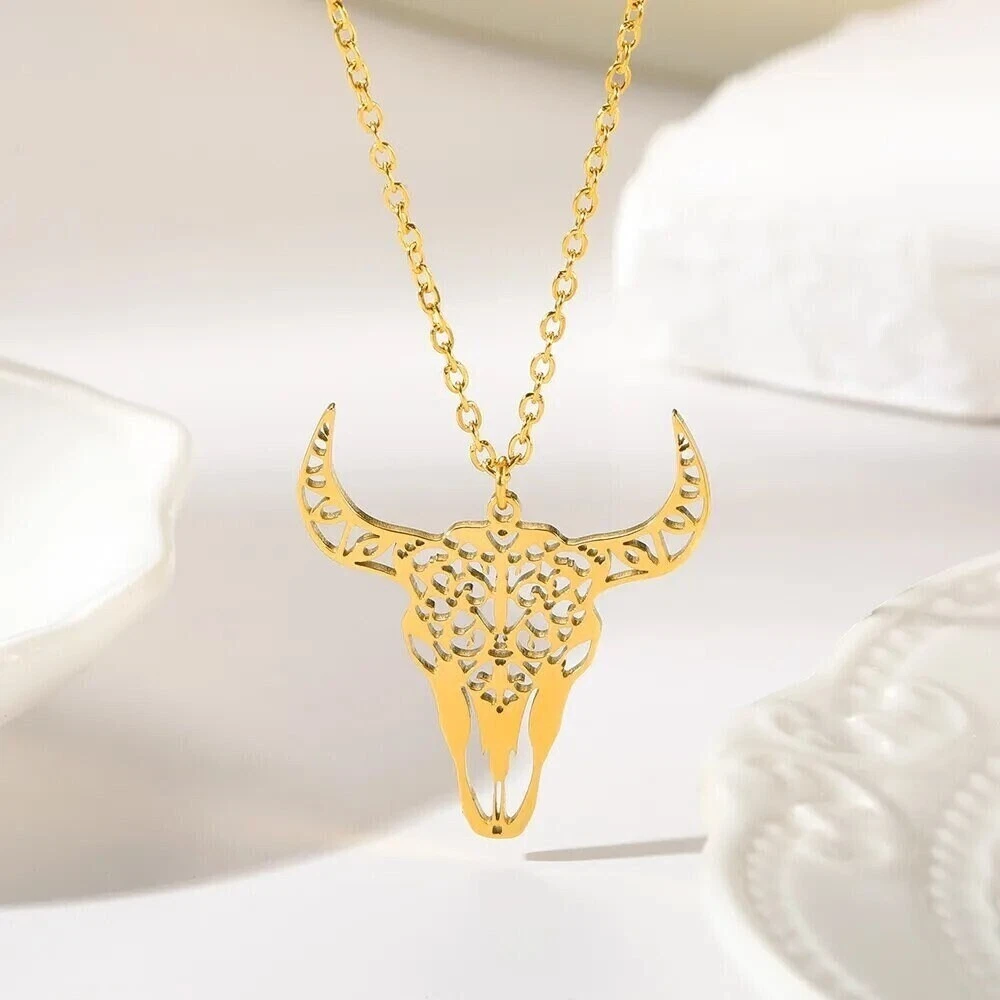 Punk Texas Long Horn Bull Pendant 18K Gold Bull Skull Pendant Gold Texas Bull