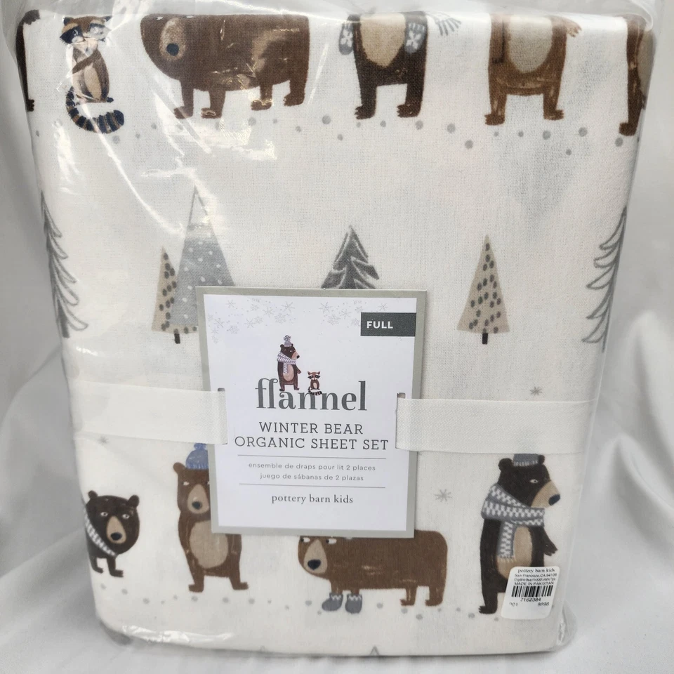 Pottery Barn Kids Holiday Winter Bear Flannel Sheet Set Full 4 Pieces - Image 2 of 4