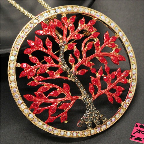 Fashion Women Round Red Bling Enamel Crystal Tree Twig Sweater Chain Necklace - Picture 2 of 4
