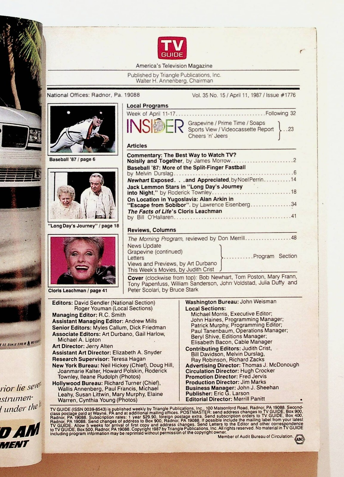 1987 April 11 TV Guide Magazine Bob Newhart Cloris Leachman Baseball