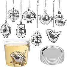 Set of 8 Loose Leaf Tea Infusers with Chain and 8 Drip Trays, 18/8 Stainless
