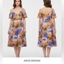 ASOS DESIGN Orange & Purple Floral One Shoulder Pleated Midi Skater Dress Sz 6