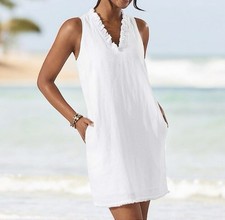Tommy Bahama Two Palms White Linen Ruffle Neck Dress Shift M Resort