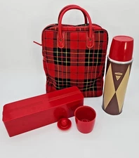Vintage Aladdin Picnic Set Thermos Bottle & Lunch Box Red Tartan Plaid Bag 1950s