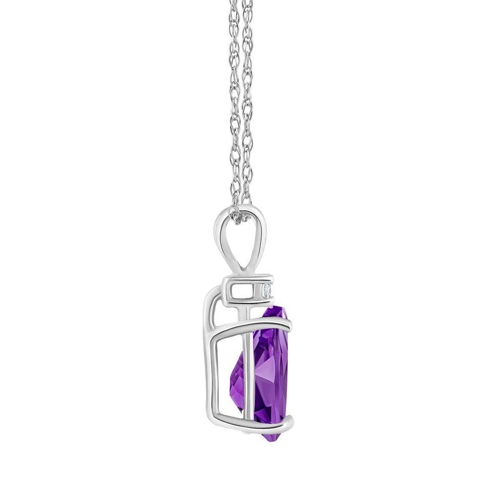 14K White Gold 8x5mm Pear Shape Genuine Natural Amethyst Diamond Accent Pendant - Image 3 of 4