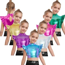 Kids Girls Crop Tops Rave Dancewear Performance Tank Top Stage Metallic Street