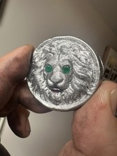 Rare 3mm Columbian Emerald Eyes Silver Lion Medallion 1.8oz Marquis Ruby Mouth 63.89 per troy oz