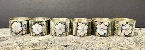 Vintage 1970s Napkin Rings Mother Of Pearl Flower Abalone Shells Set Of 6